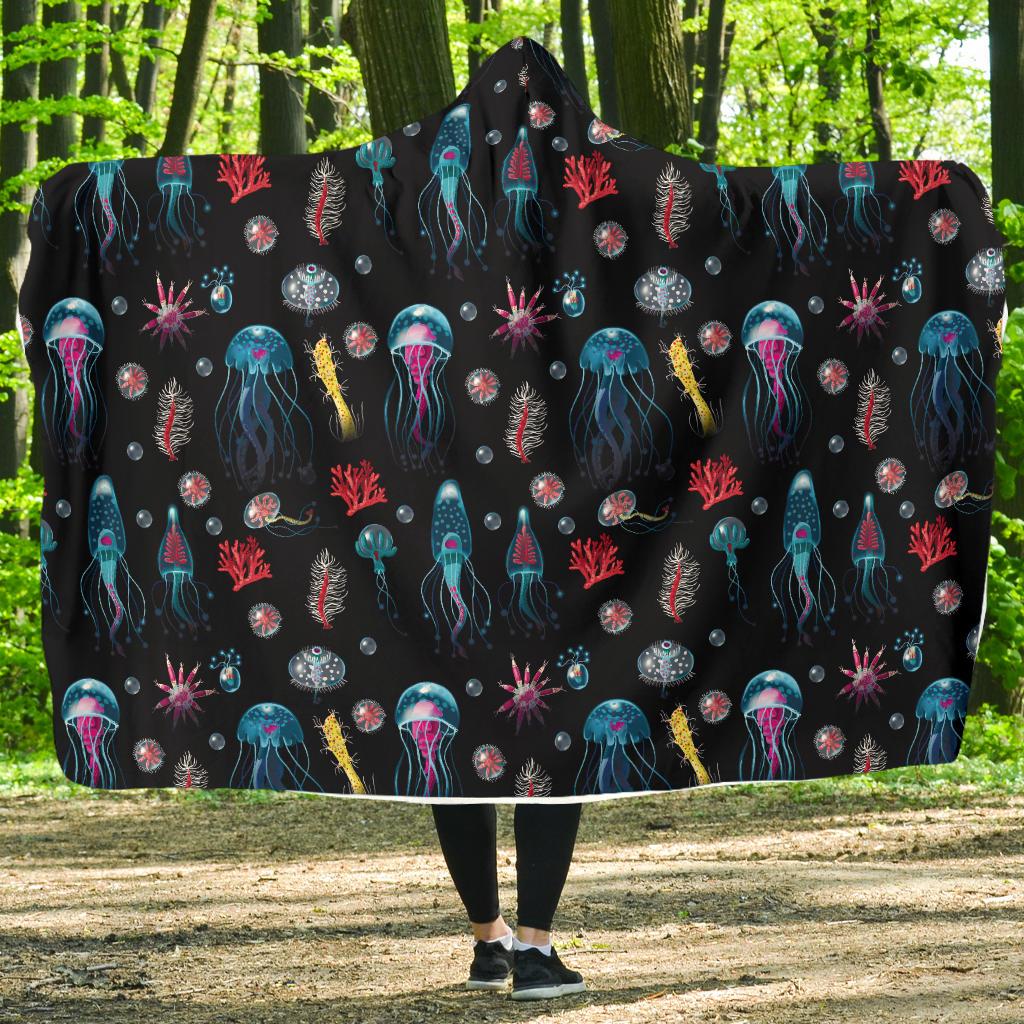 Jellyfish Underwater Print Hooded Blanket-JTAMIGO.COM