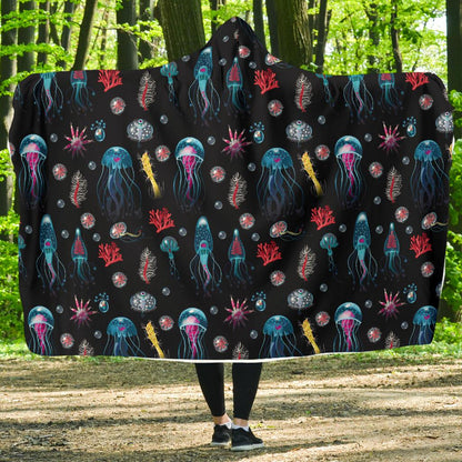 Jellyfish Underwater Print Hooded Blanket-JTAMIGO.COM