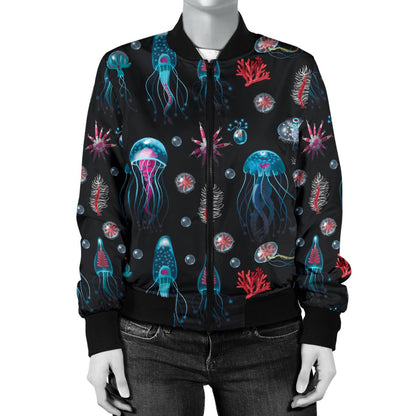 Jellyfish Underwater Print Women Casual Bomber Jacket