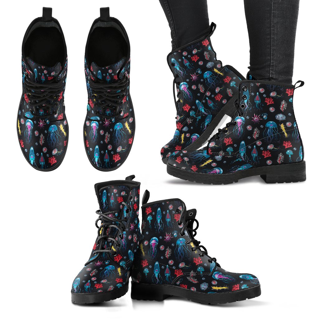 Jellyfish Underwater Print Women Leather Boots-JTAMIGO.COM