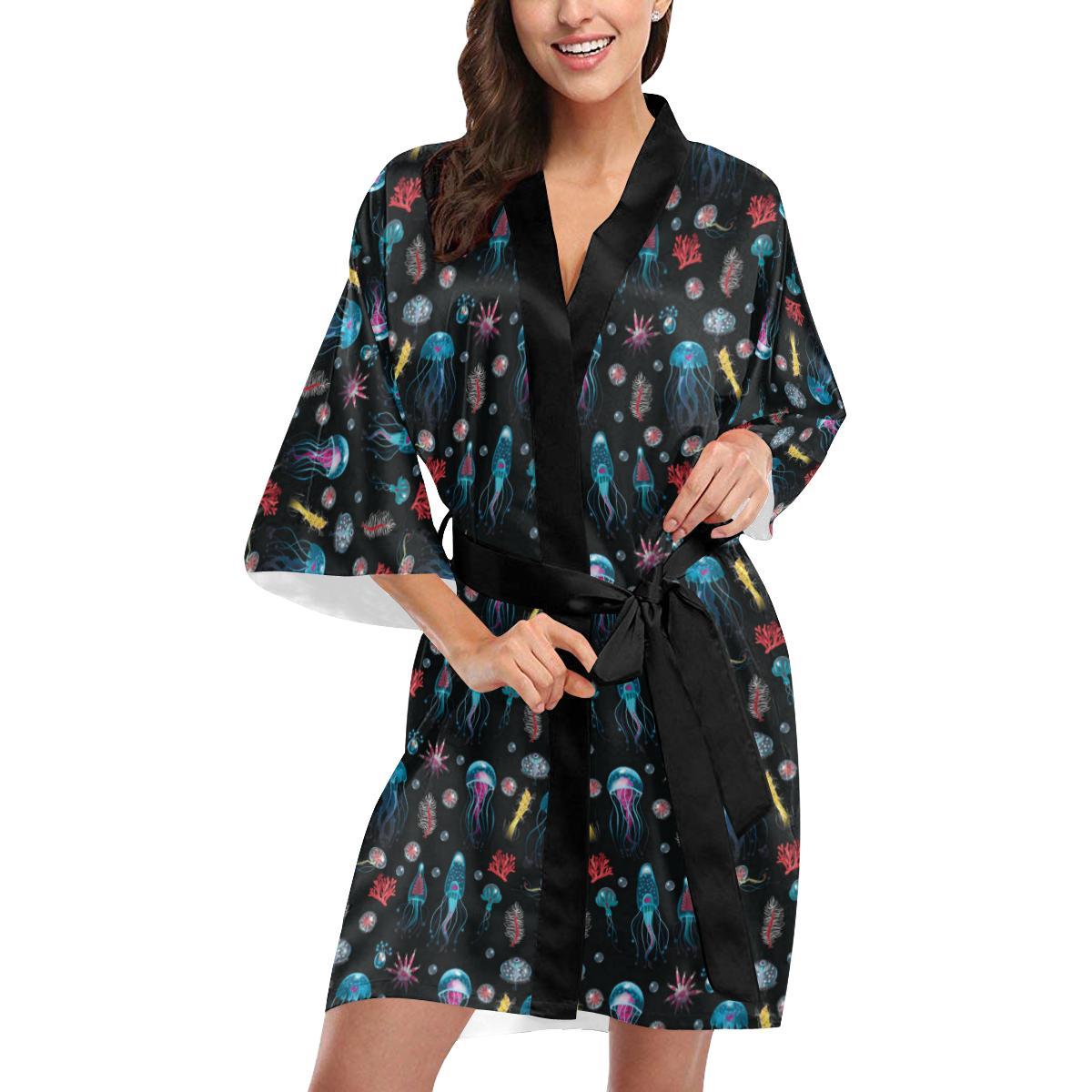 Jellyfish Underwater Print Women Short Kimono Robe