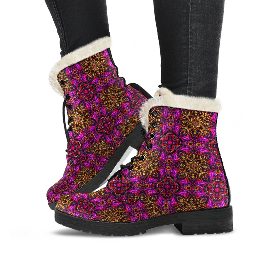 kaleidoscope Abstract Print Design Faux Fur Leather Boots-JTAMIGO.COM