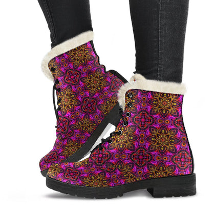 kaleidoscope Abstract Print Design Faux Fur Leather Boots-JTAMIGO.COM