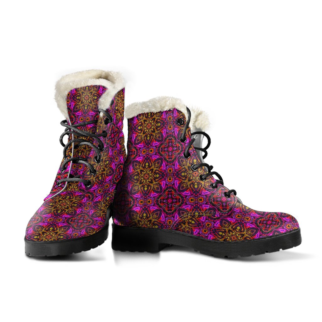 kaleidoscope Abstract Print Design Faux Fur Leather Boots-JTAMIGO.COM