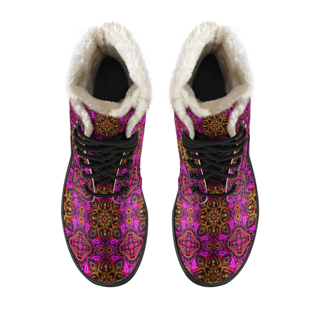 kaleidoscope Abstract Print Design Faux Fur Leather Boots-JTAMIGO.COM