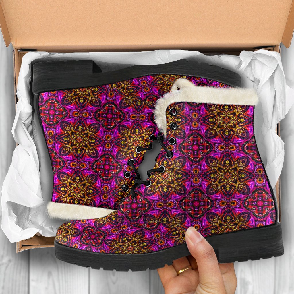 kaleidoscope Abstract Print Design Faux Fur Leather Boots-JTAMIGO.COM