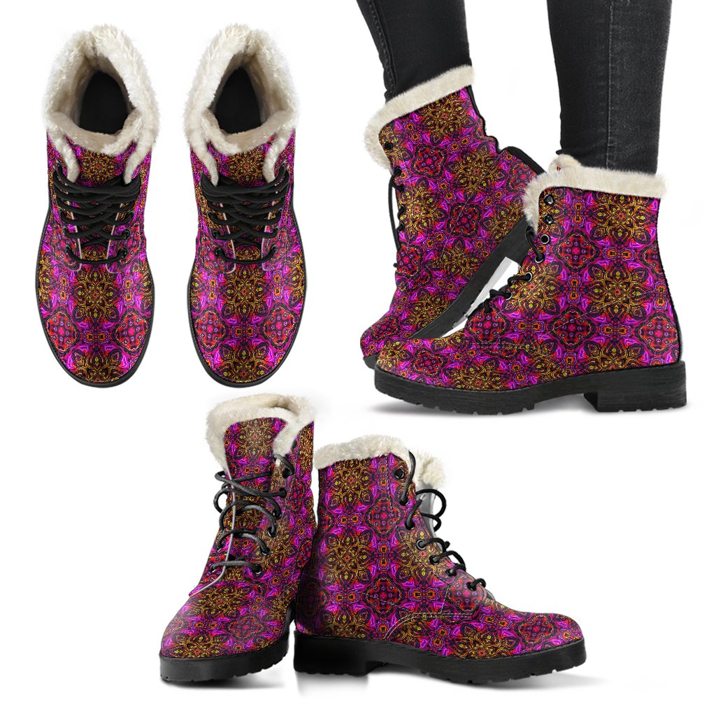 kaleidoscope Abstract Print Design Faux Fur Leather Boots-JTAMIGO.COM