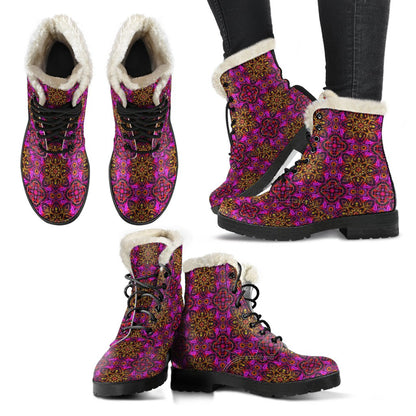 kaleidoscope Abstract Print Design Faux Fur Leather Boots-JTAMIGO.COM