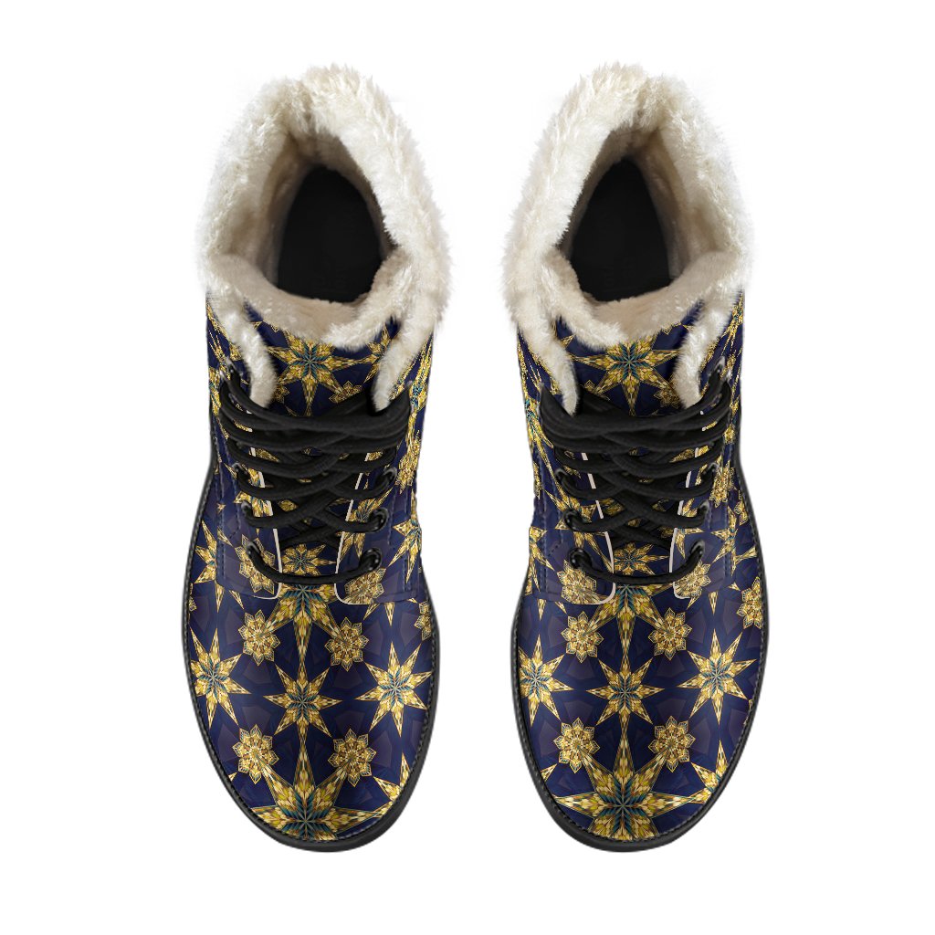 kaleidoscope Gold Print Design Faux Fur Leather Boots-JTAMIGO.COM