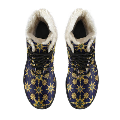 kaleidoscope Gold Print Design Faux Fur Leather Boots-JTAMIGO.COM