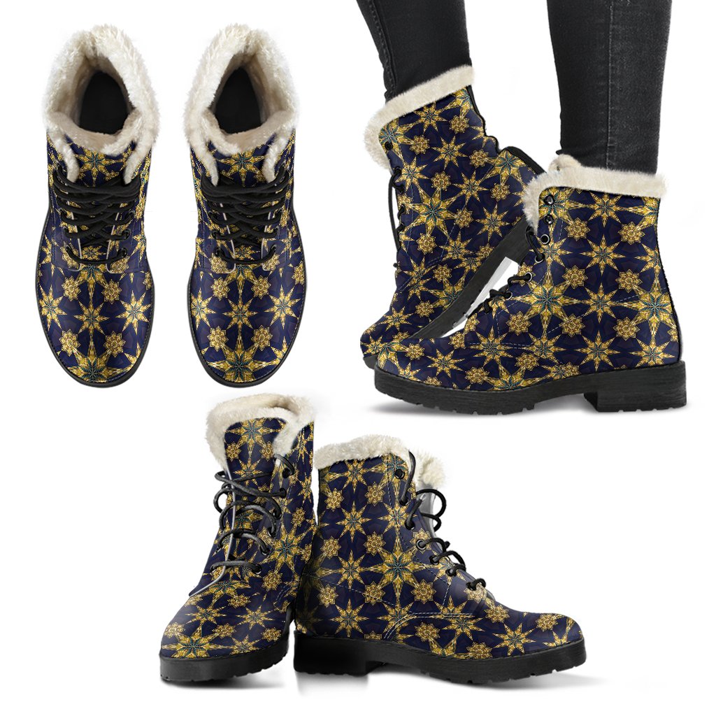 kaleidoscope Gold Print Design Faux Fur Leather Boots-JTAMIGO.COM