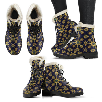 kaleidoscope Gold Print Design Faux Fur Leather Boots-JTAMIGO.COM