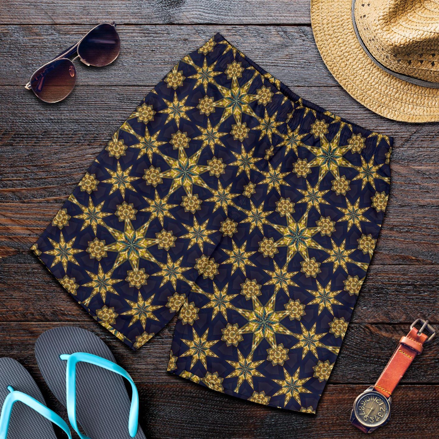 kaleidoscope Gold Print Design Mens Shorts-JTAMIGO.COM