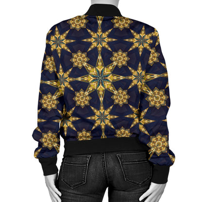 Kaleidoscope Gold Print Design Women Casual Bomber Jacket