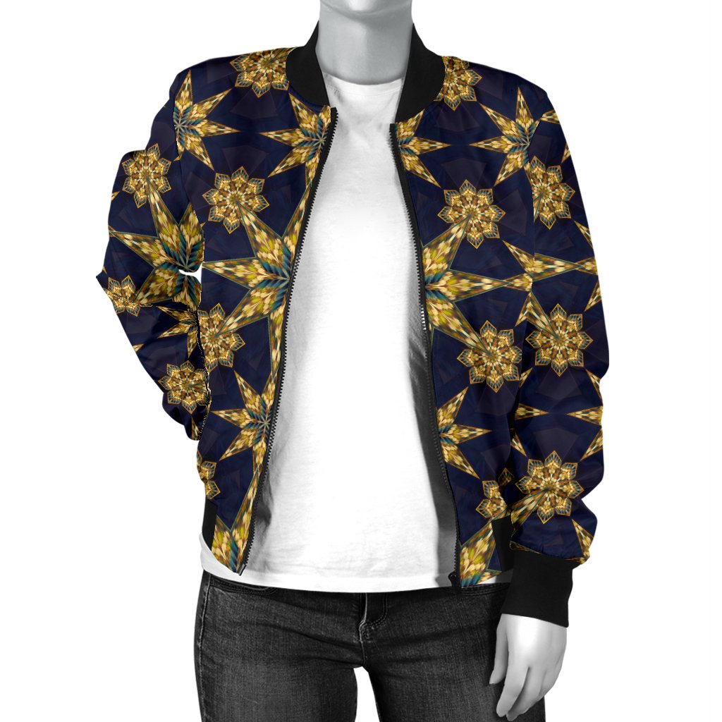 Kaleidoscope Gold Print Design Women Casual Bomber Jacket
