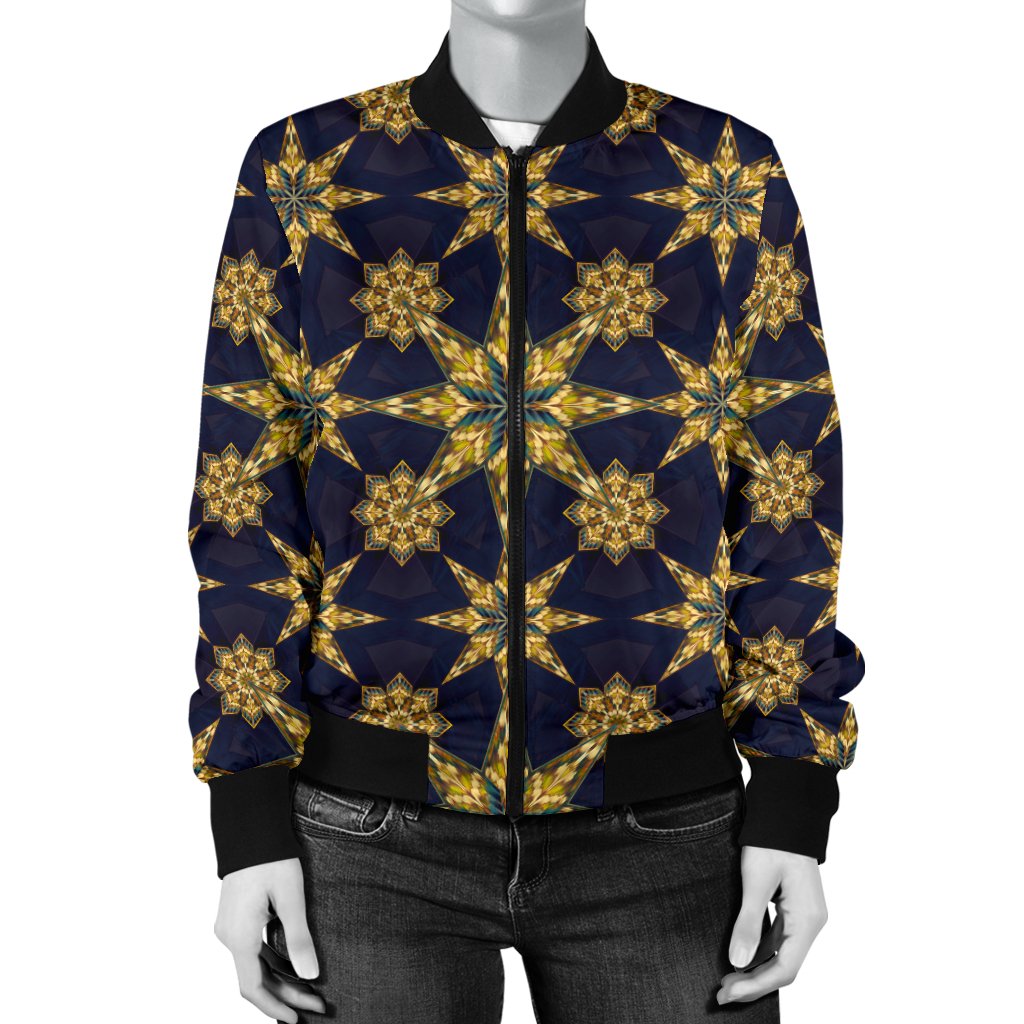 Kaleidoscope Gold Print Design Women Casual Bomber Jacket