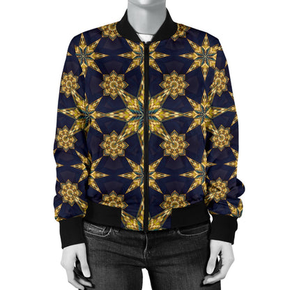 Kaleidoscope Gold Print Design Women Casual Bomber Jacket