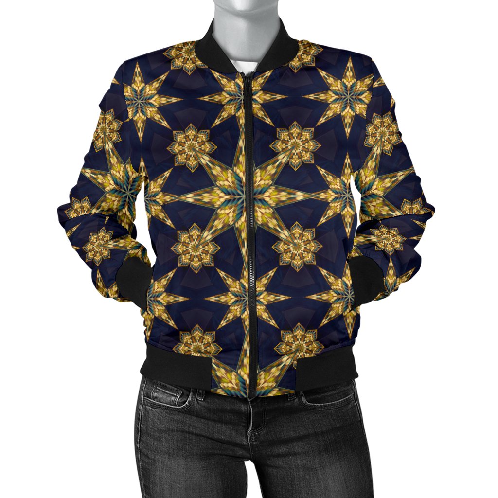 Kaleidoscope Gold Print Design Women Casual Bomber Jacket