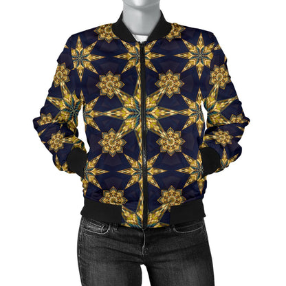 Kaleidoscope Gold Print Design Women Casual Bomber Jacket