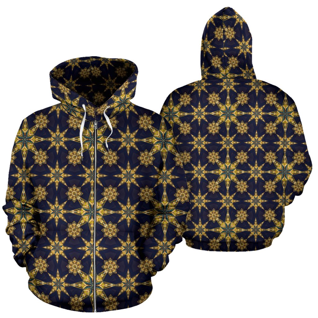 Kaleidoscope Gold Print Design Zip Up Hoodie