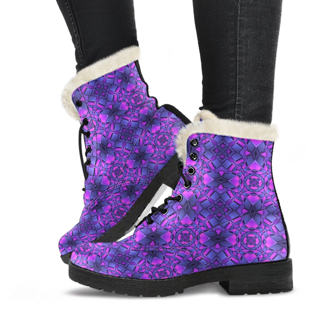 kaleidoscope Pattern Print Design Faux Fur Leather Boots-JTAMIGO.COM