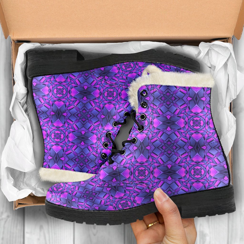 kaleidoscope Pattern Print Design Faux Fur Leather Boots-JTAMIGO.COM