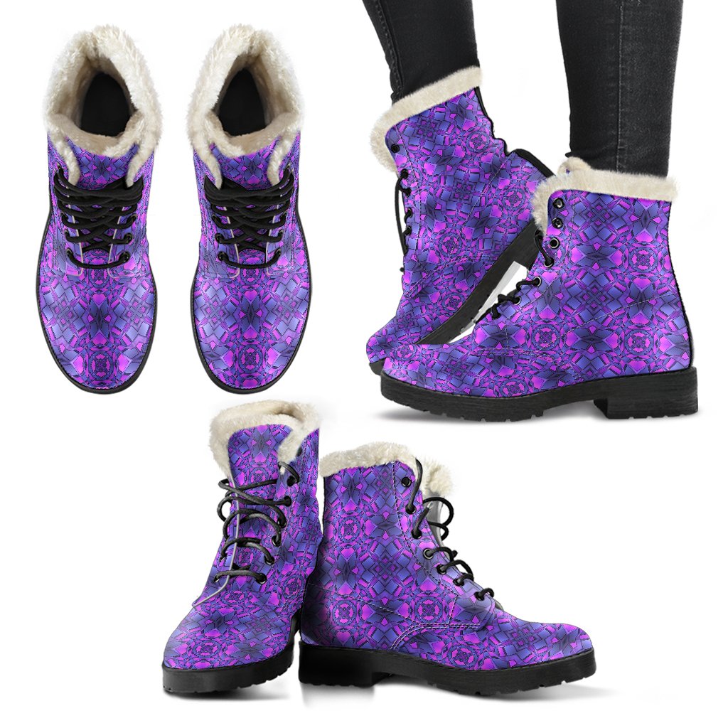 kaleidoscope Pattern Print Design Faux Fur Leather Boots-JTAMIGO.COM