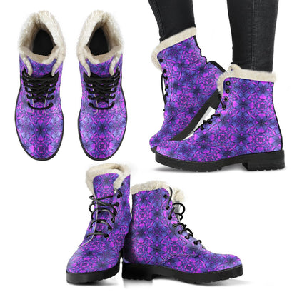 kaleidoscope Pattern Print Design Faux Fur Leather Boots-JTAMIGO.COM