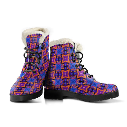 kaleidoscope Purple Orange Print Design Faux Fur Leather Boots-JTAMIGO.COM