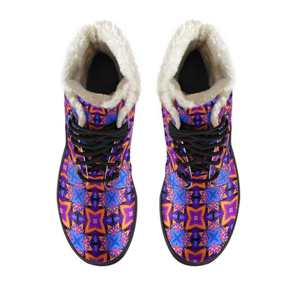 kaleidoscope Purple Orange Print Design Faux Fur Leather Boots-JTAMIGO.COM