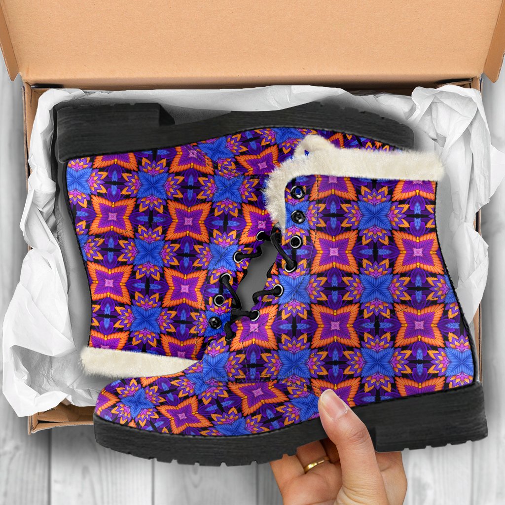 kaleidoscope Purple Orange Print Design Faux Fur Leather Boots-JTAMIGO.COM
