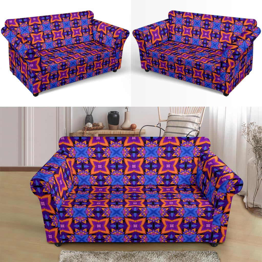 kaleidoscope Purple Orange Print Design Loveseat Slipcover-JTAMIGO.COM