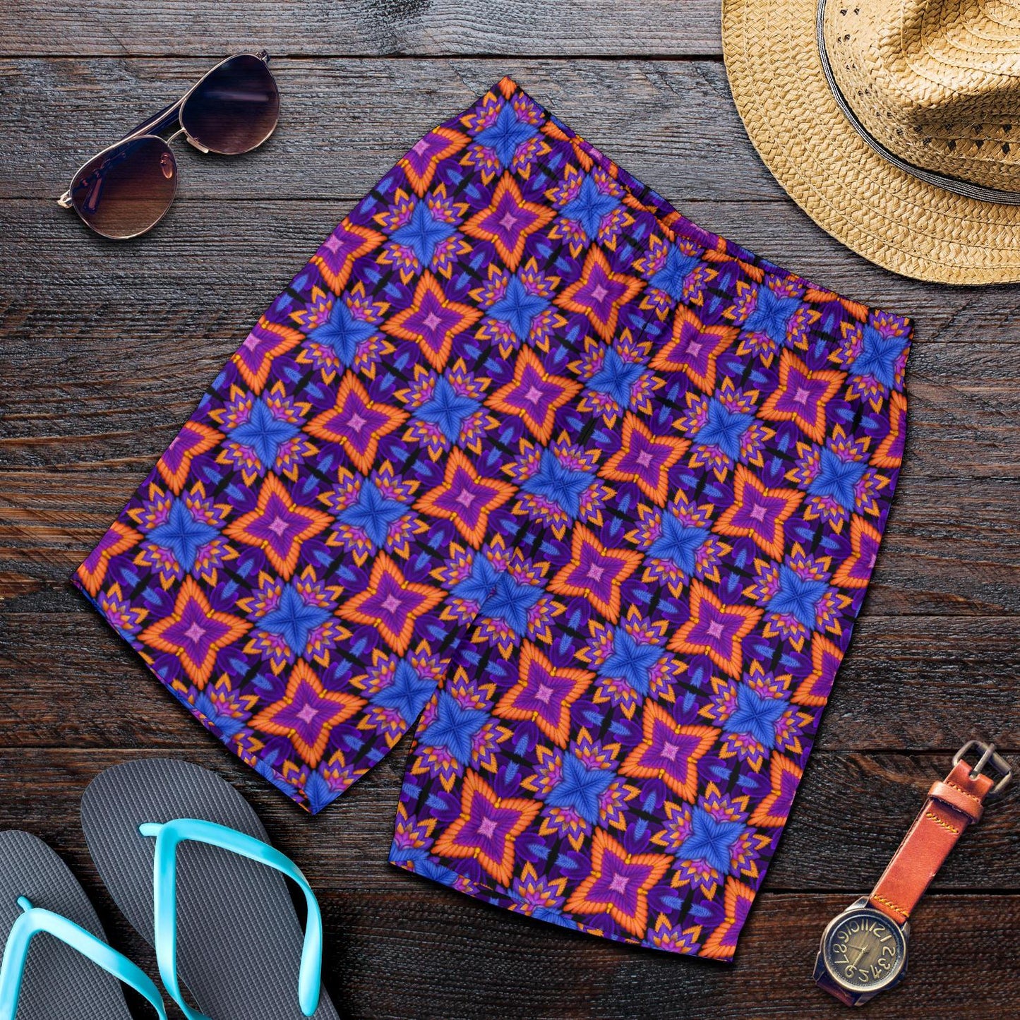 kaleidoscope Purple Orange Print Design Mens Shorts-JTAMIGO.COM