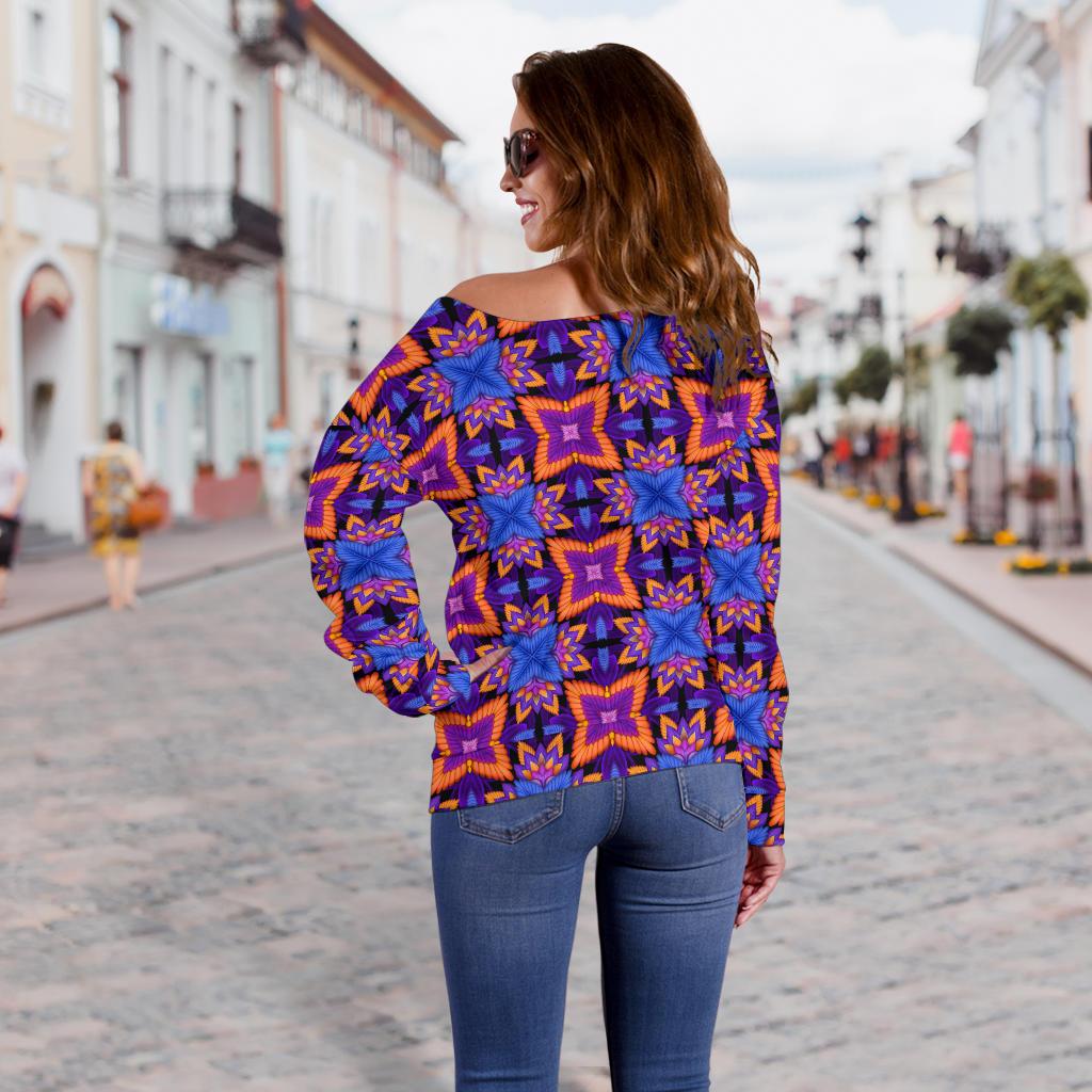 Kaleidoscope Purple Orange Print Design Off Shoulder Sweatshirt