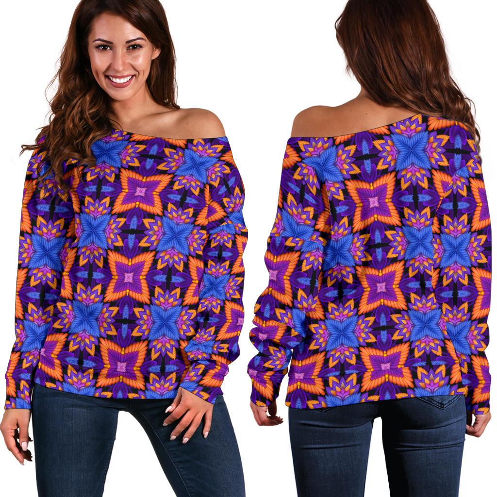 Kaleidoscope Purple Orange Print Design Off Shoulder Sweatshirt