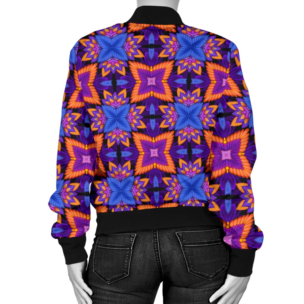 Kaleidoscope Purple Orange Print Design Women Casual Bomber Jacket