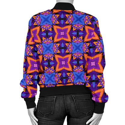 Kaleidoscope Purple Orange Print Design Women Casual Bomber Jacket