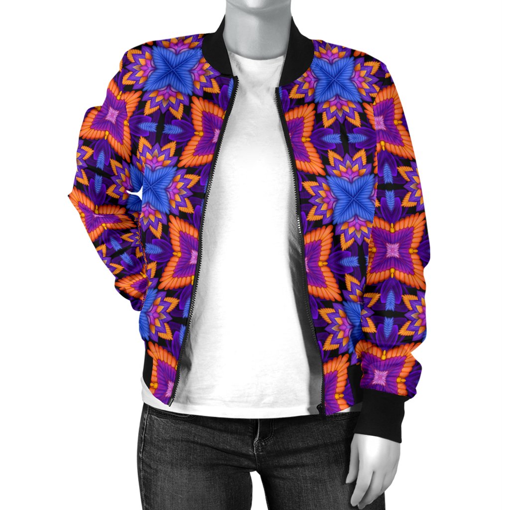 Kaleidoscope Purple Orange Print Design Women Casual Bomber Jacket