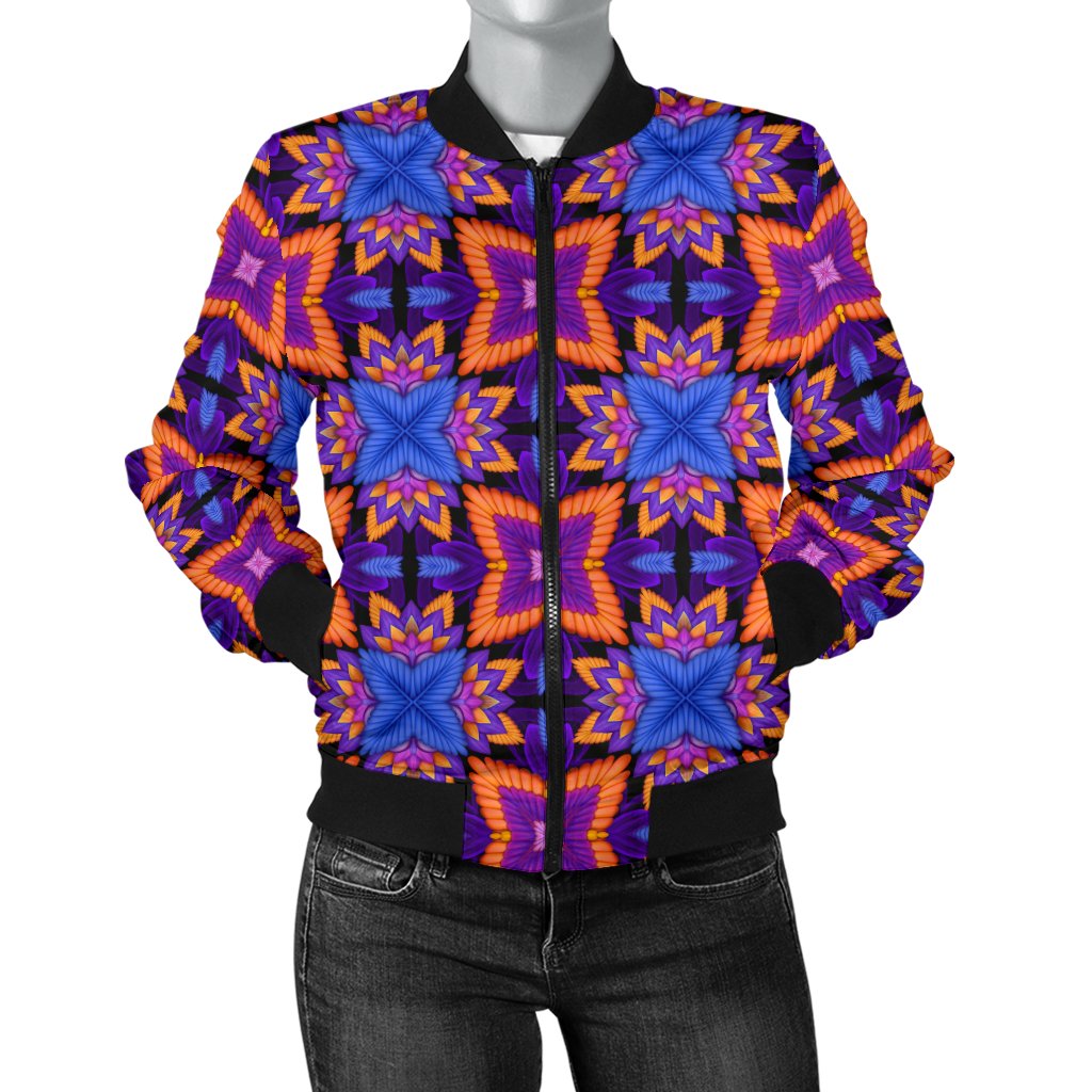 Kaleidoscope Purple Orange Print Design Women Casual Bomber Jacket
