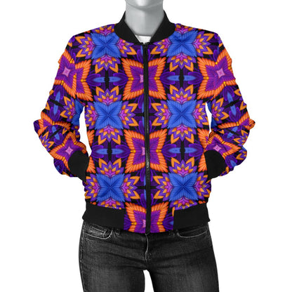 Kaleidoscope Purple Orange Print Design Women Casual Bomber Jacket