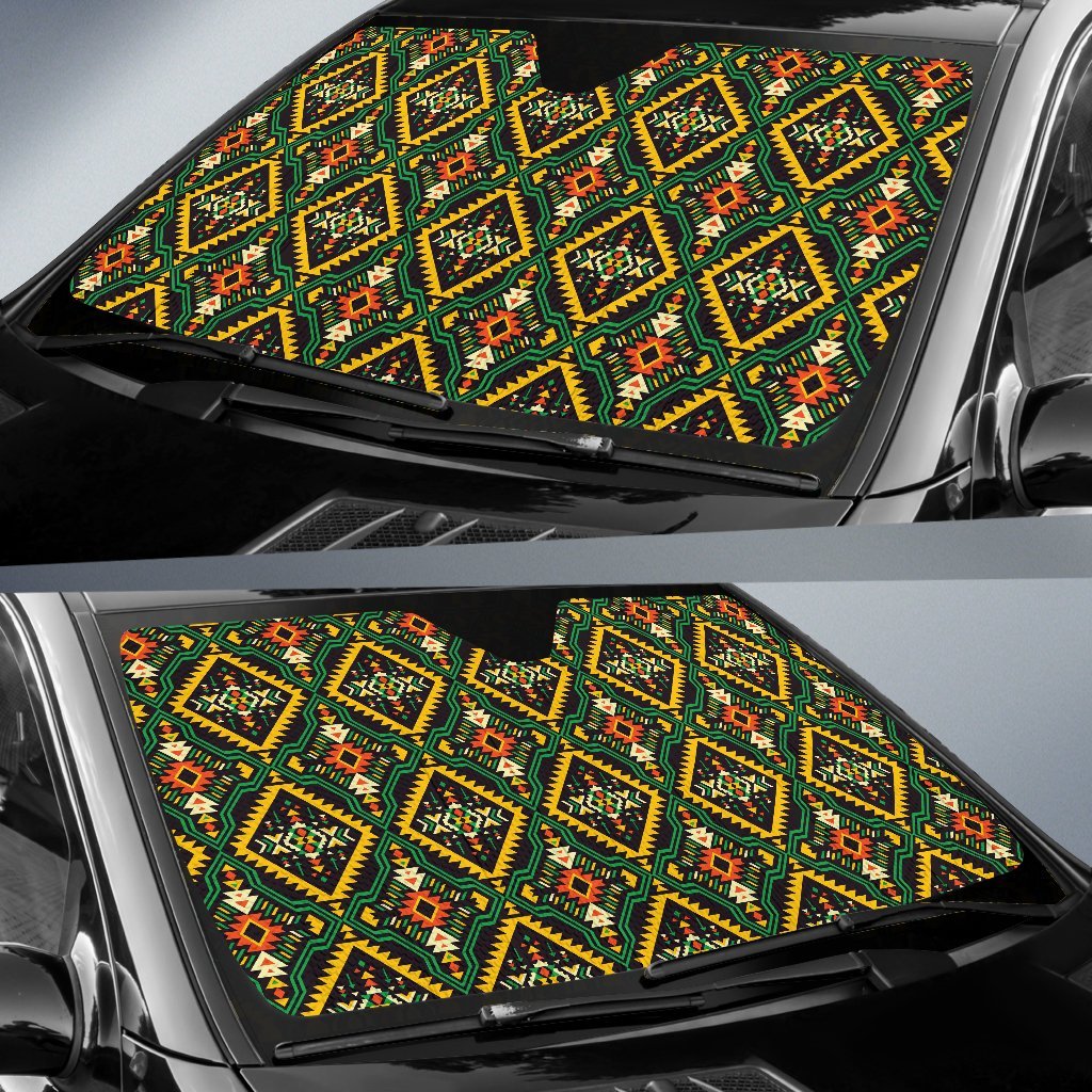 Kente Green Design African Print Car Sun Shade For Windshield