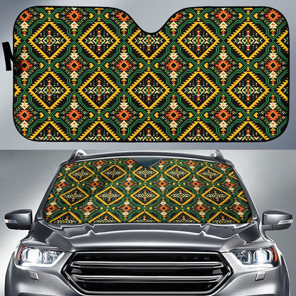 Kente Green Design African Print Car Sun Shade For Windshield