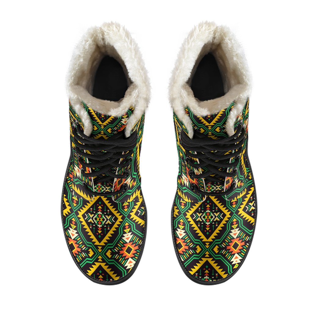 Kente Green Design African Print Faux Fur Leather Boots-JTAMIGO.COM