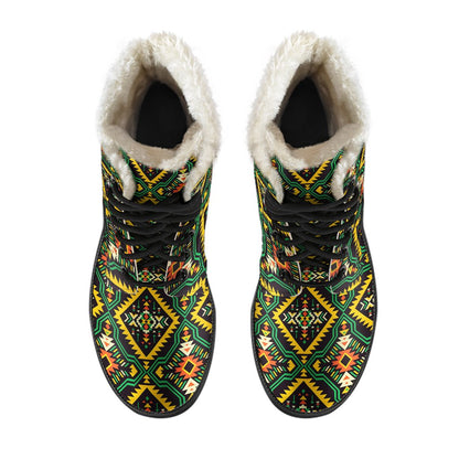 Kente Green Design African Print Faux Fur Leather Boots-JTAMIGO.COM