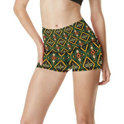 Kente Green Design African Print High Waisted Spandex Shorts-JTAMIGO.COM