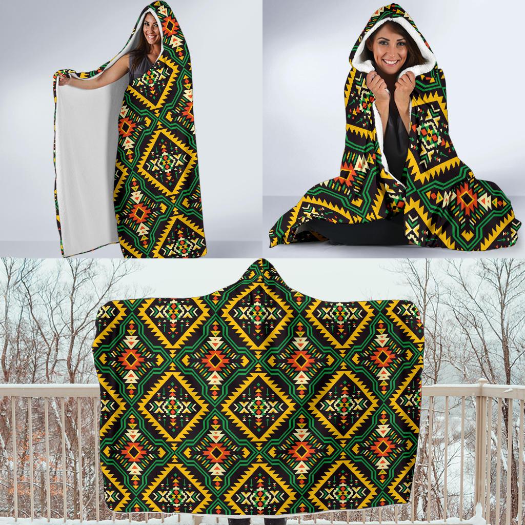 Kente Green Design African Print Hooded Blanket-JTAMIGO.COM