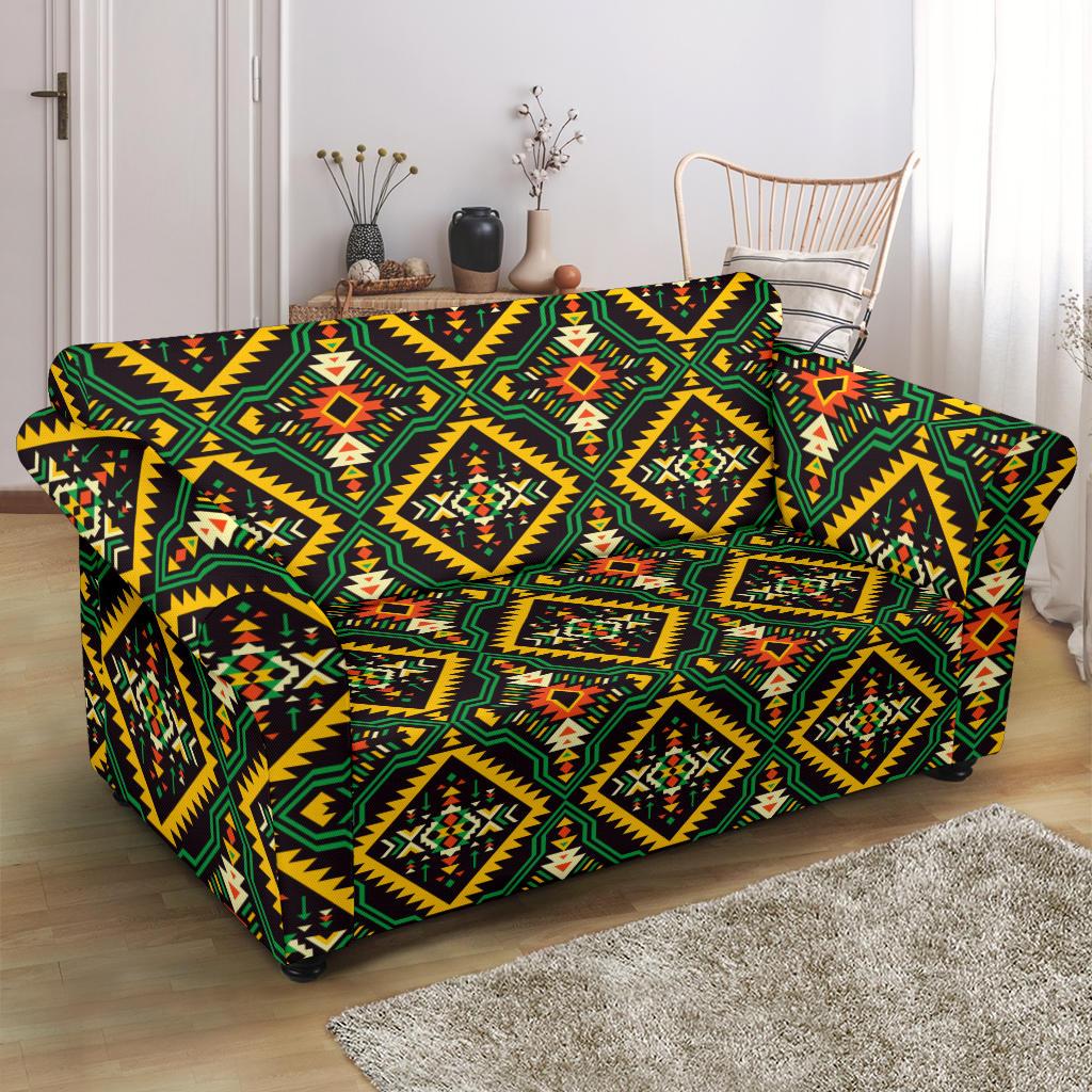 Kente Green Design African Print Loveseat Slipcover-JTAMIGO.COM