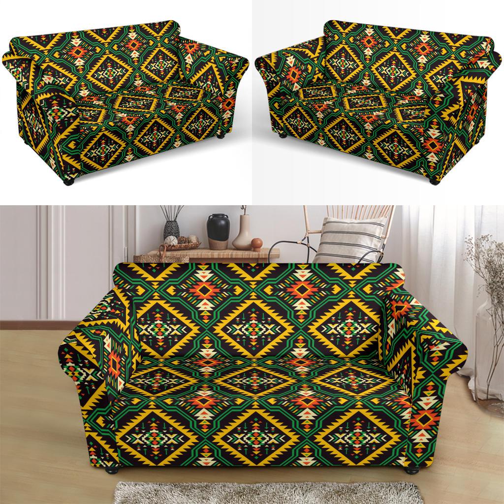 Kente Green Design African Print Loveseat Slipcover-JTAMIGO.COM