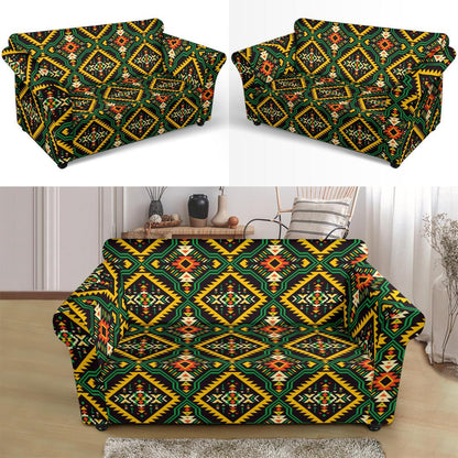 Kente Green Design African Print Loveseat Slipcover-JTAMIGO.COM