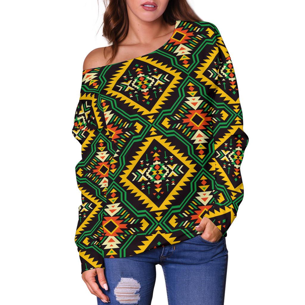 Kente Green Design African Print Off Shoulder Sweatshirt